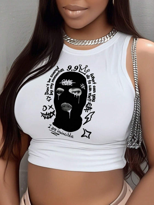 Damen Crop-Top mit modernem Grafikdruck und trendiger Schnalle EB