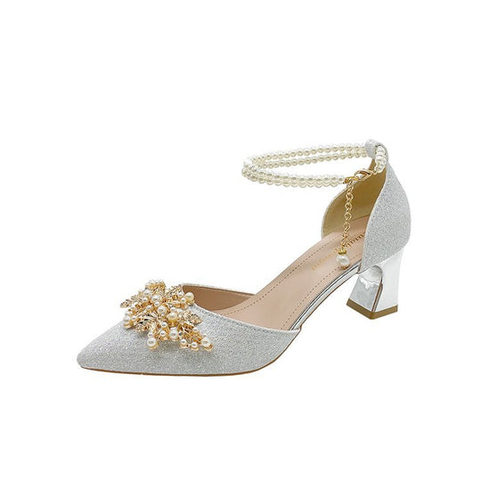 Damen elegante Pumps mit Perlenschmuck und glitzerndem Absatz EB