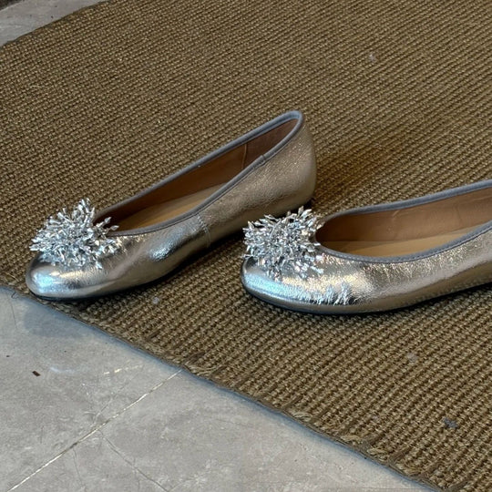 Damen Ballerinas mit außergewöhnlichem Blumendekor und glänzender Oberfläche EB