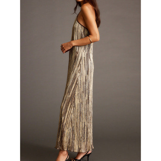 Damen Elegantes Maxikleid mit schimmerndem Streifenmuster und Rückenbindeband EB