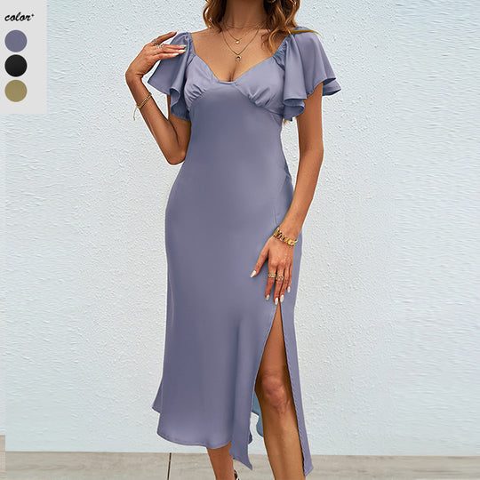 Damen Maxikleid mit eleganten Puffärmeln und seitlichem Schlitz EB