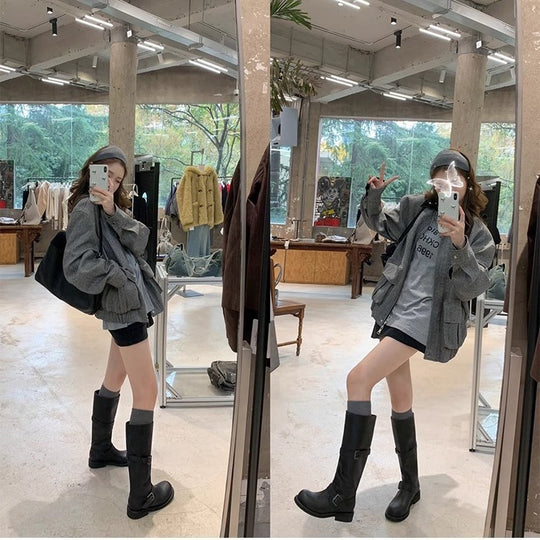 Damen Stiefel im lässigen Biker-Stil mit robustem Riemen und bequemem Blockabsatz EB