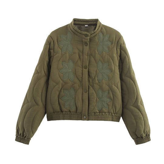 Damen nan gesteppte Kurzjacke mit Stehkragen, floraler Stickerei und elastischem Saum EB