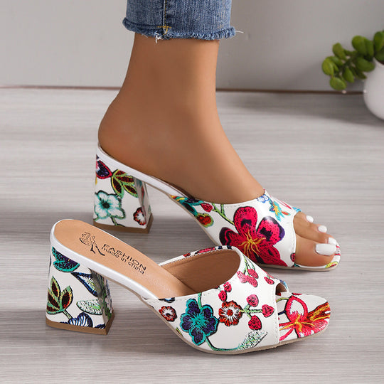 Damen Offene Riemchen-Sandaletten mit floralen Applikationen und modischem Blockabsatz EB