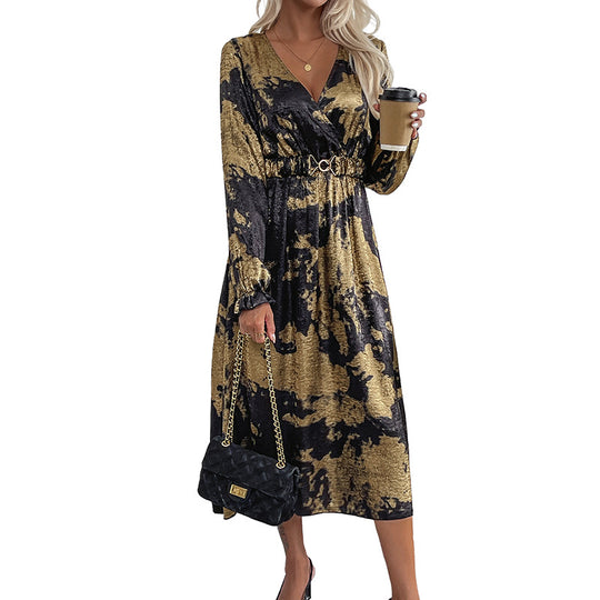 Damen Wickel-Midikleid mit Metallic-Effekt, abstraktem Print, Taillenring und hohem Beinschlitz EB