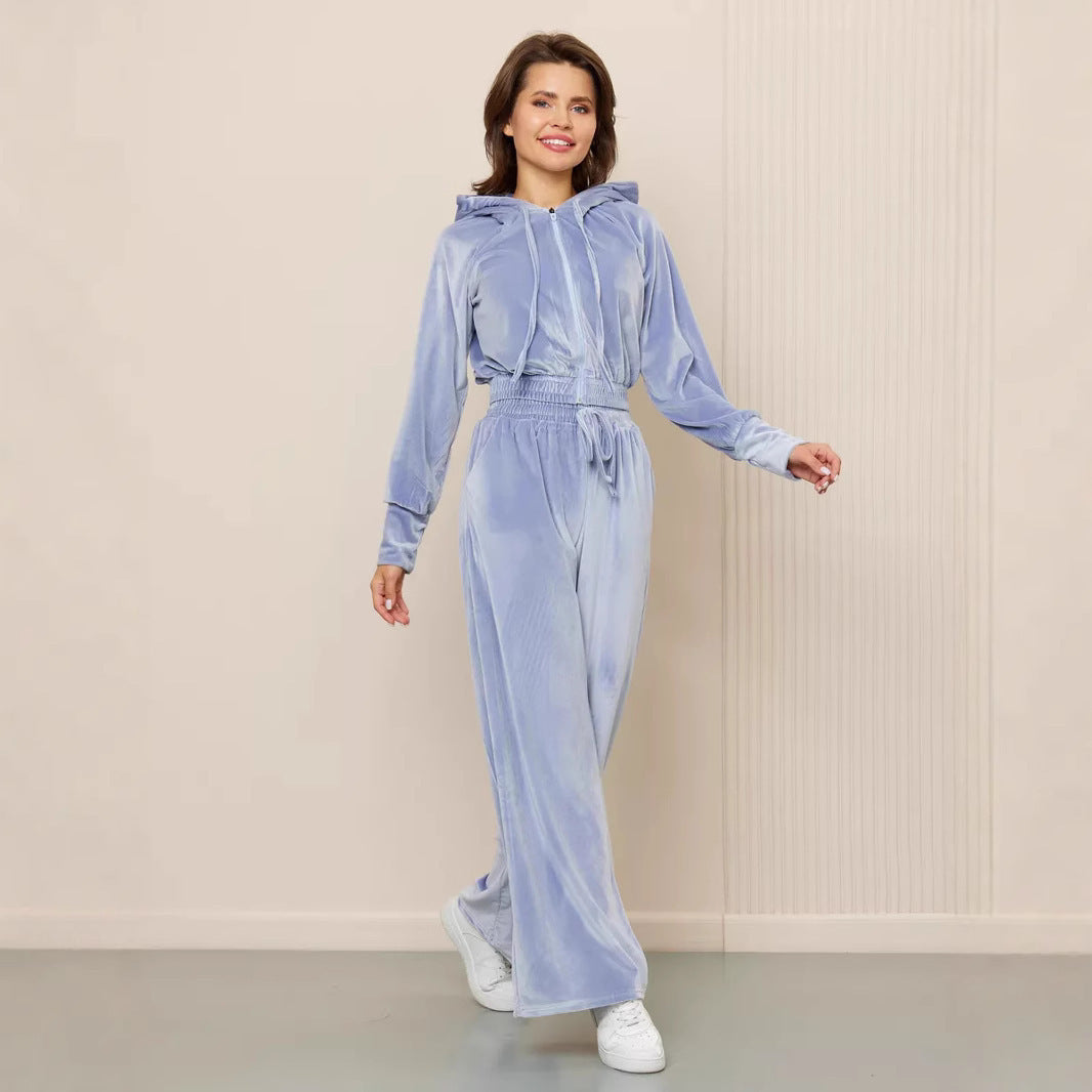 Damen luxuriöses Velours-Lounge-Set mit kurzem Reißverschluss-Hoodie und weitem Comfort-Hose EB