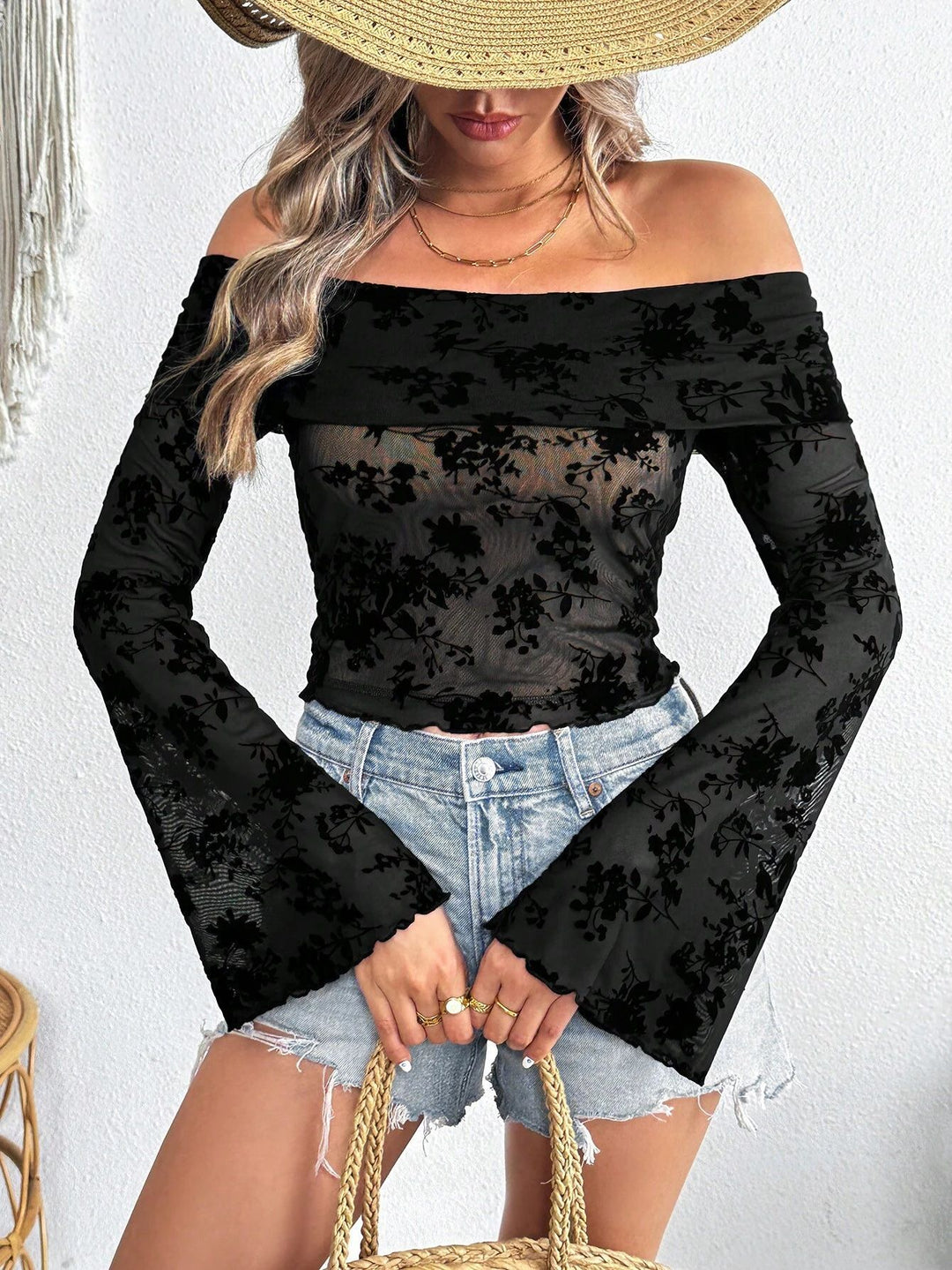 Damen Off-Shoulder Oberteil mit transparentem floralem Design und ausgestellten Ärmeln EB