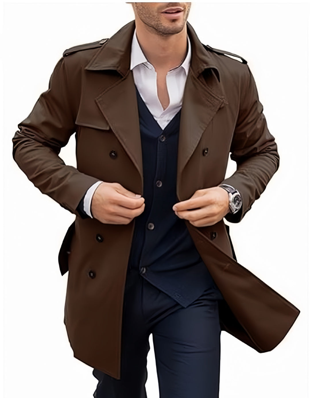 Herren eleganter Trenchcoat mit strukturiertem Design und doppelter Knopfleiste EB