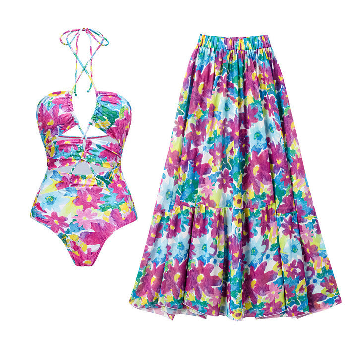 Damen Bikiniset mit voluminösen Rüschendetails und fließendem Maxi-Rock EB