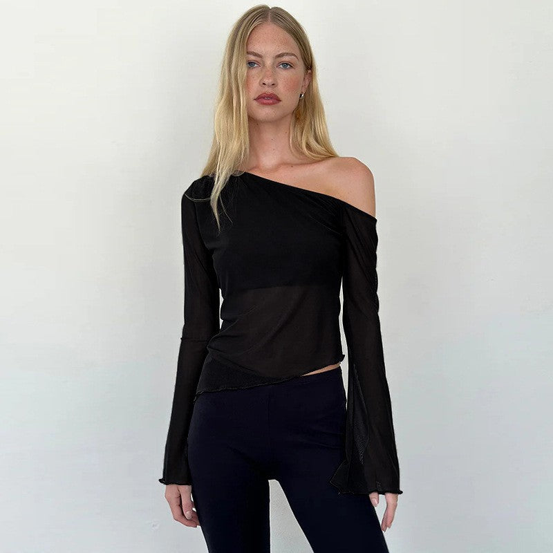 Damen asymmetrisches Langarmshirt mit transparenten Ärmeln und figurbetonter Silhouette EB