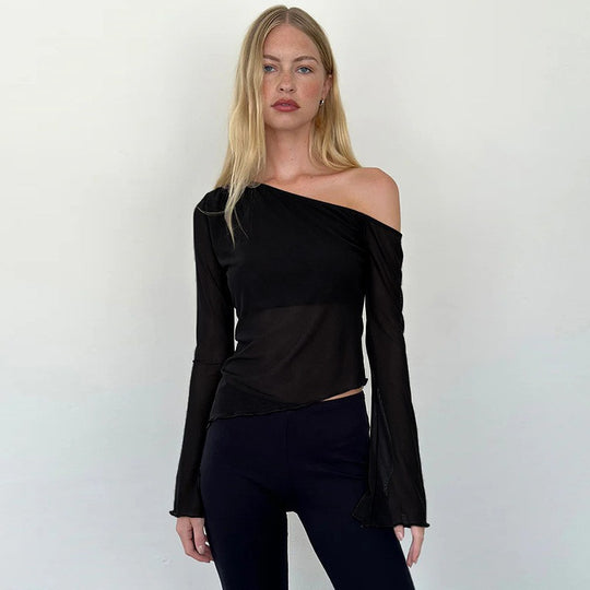 Damen asymmetrisches Langarmshirt mit transparenten Ärmeln und figurbetonter Silhouette EB