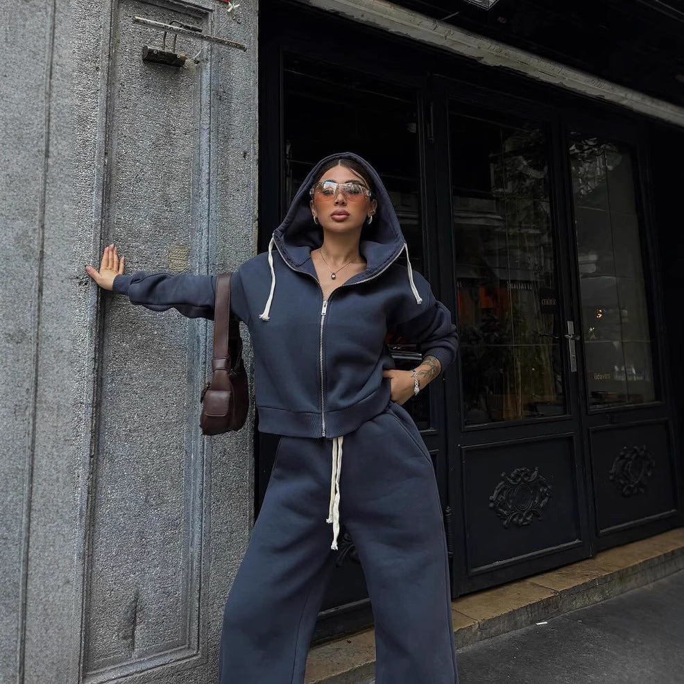 Damen Zweiteiliges Loungewear-Set mit kurz geschnittener Zip-Kapuzenjacke und weitem High-Waist-Jogger EB