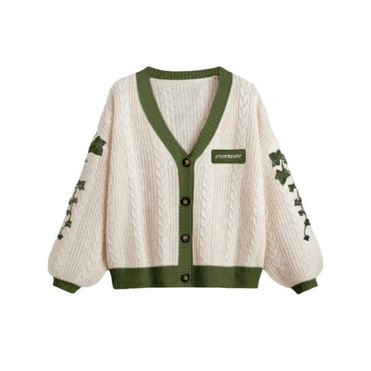 Damen nan gestrickter Oversize-Cardigan mit Zopfmuster, V-Ausschnitt, Knopfleiste und floraler Ärmelstickerei EB