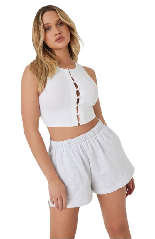 Damen modisches Crop-Top mit Knopfleiste und dezentem Rippdesign EB