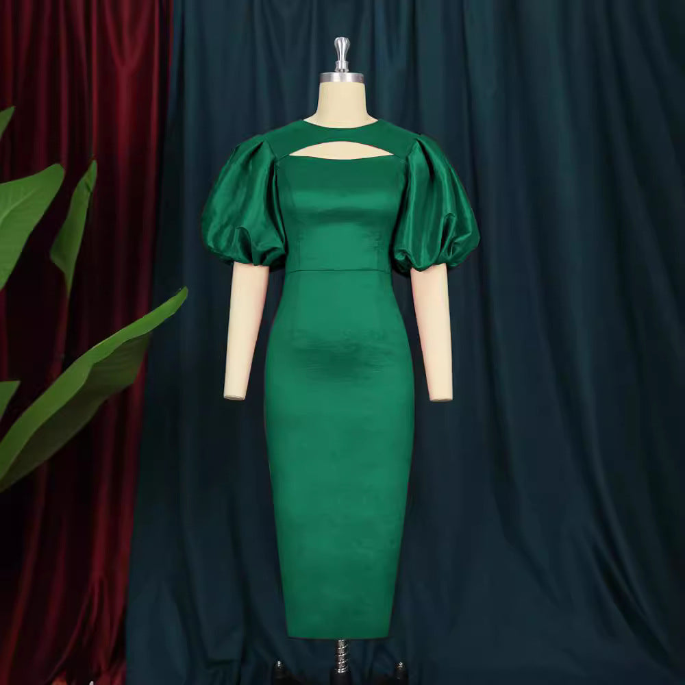 Damen figurbetontes Kleid mit Puffärmeln und Schlüssel-Ausschnitt EB