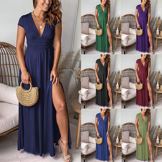 Damen Elegantes Maxikleid mit V-Ausschnitt und hohem Beinschlitz EB