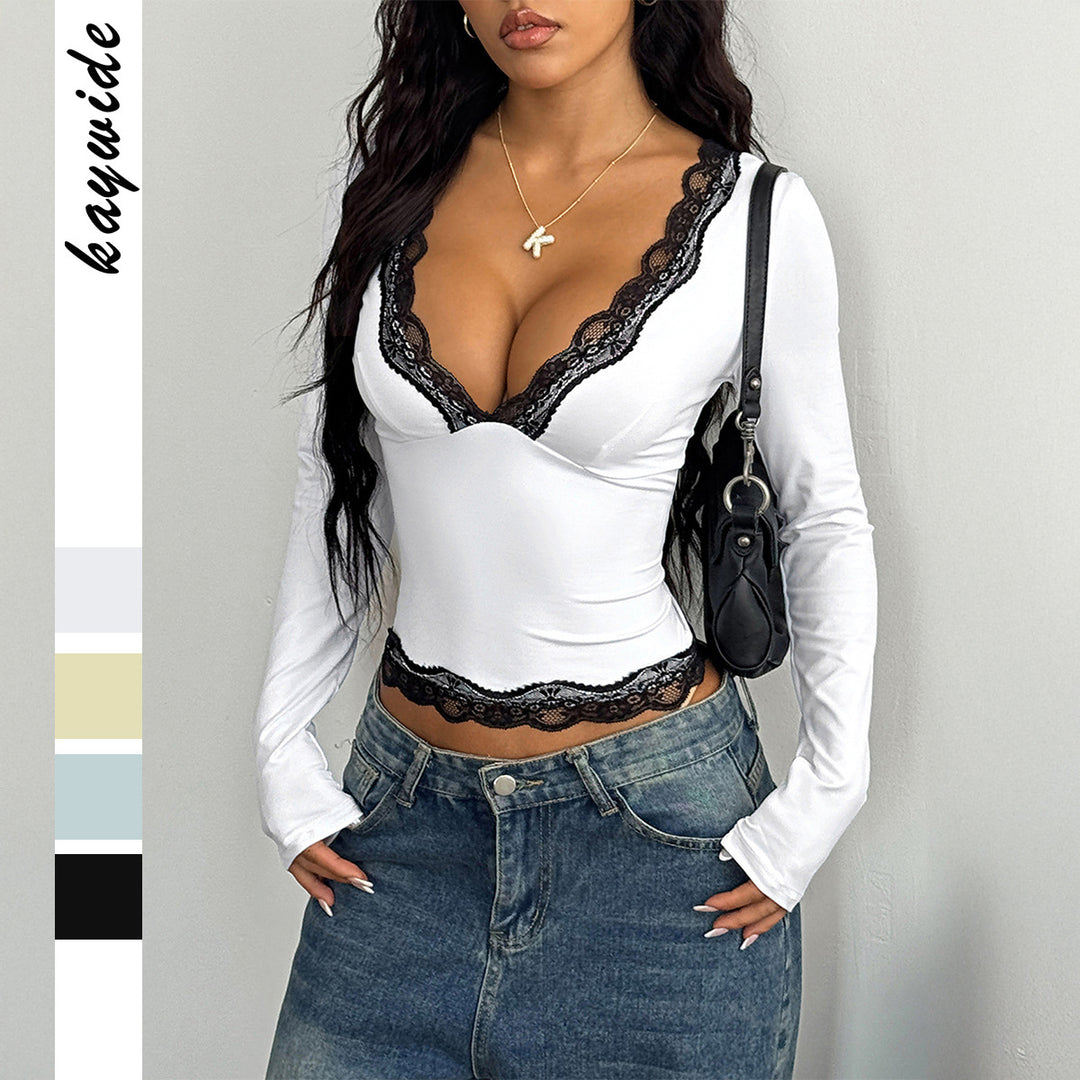 Damen nan elegantes Spitzen-Longsleeve-Crop-Top mit tiefem V-Ausschnitt und figurformender Passform EB