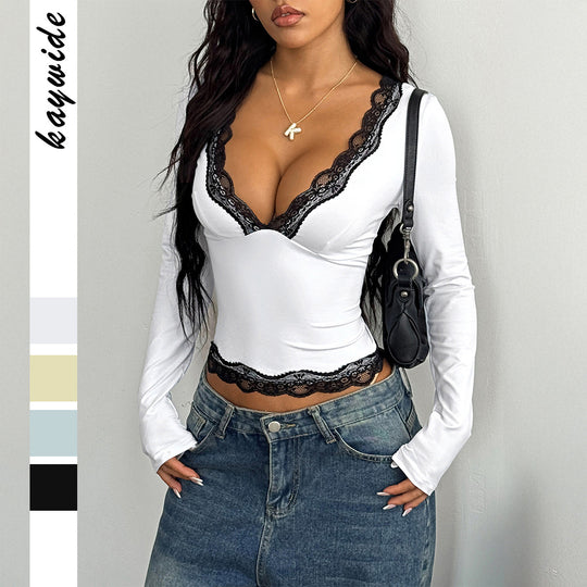 Damen nan elegantes Spitzen-Longsleeve-Crop-Top mit tiefem V-Ausschnitt und figurformender Passform EB