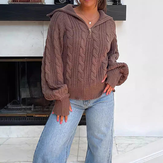 Damen lässiger Strickpullover mit weichem Zopfmuster und praktischer Kapuze EB