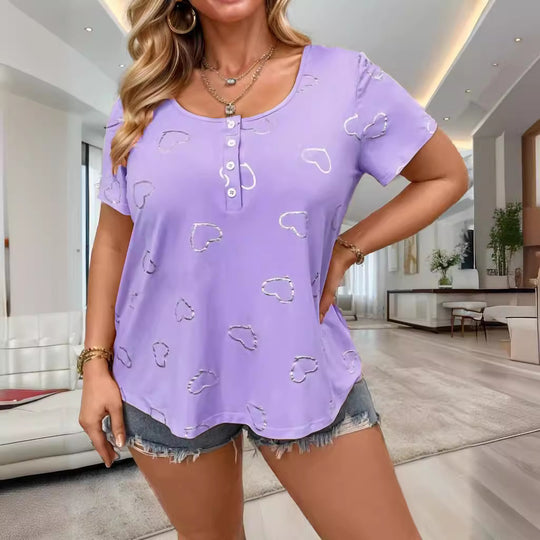 Damen lässiges T-Shirt mit romantischem Herzdesign und Knopfleiste EB