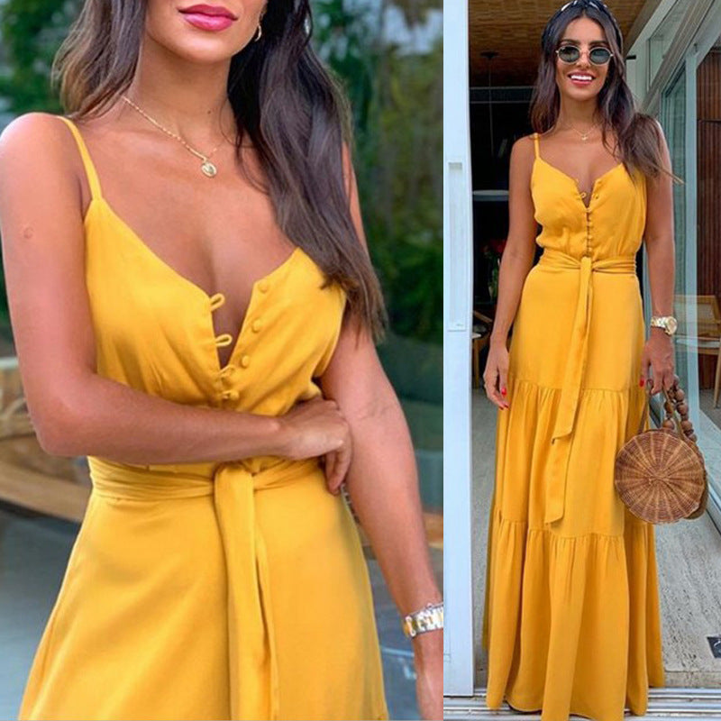Damen Maxikleid mit Knopfverschluss und fließendem Rock EB