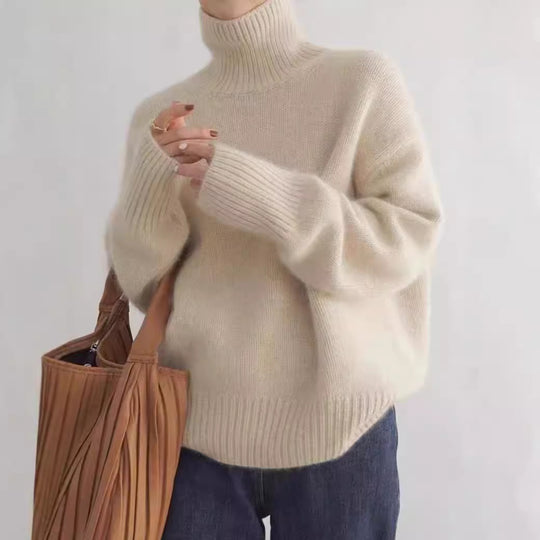 Damen Modernes Strickpullover mit hohem Kragen und Lockere Passform EB