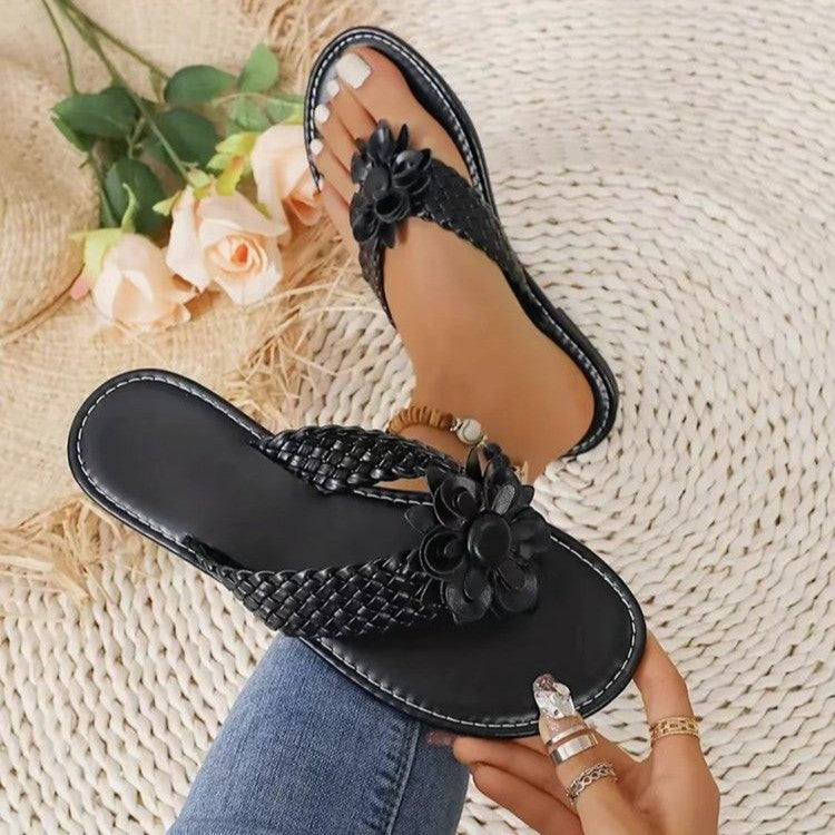 Damen Flache Sandalen mit geflochtenem Riemendesign und blumiger Dekoration EB