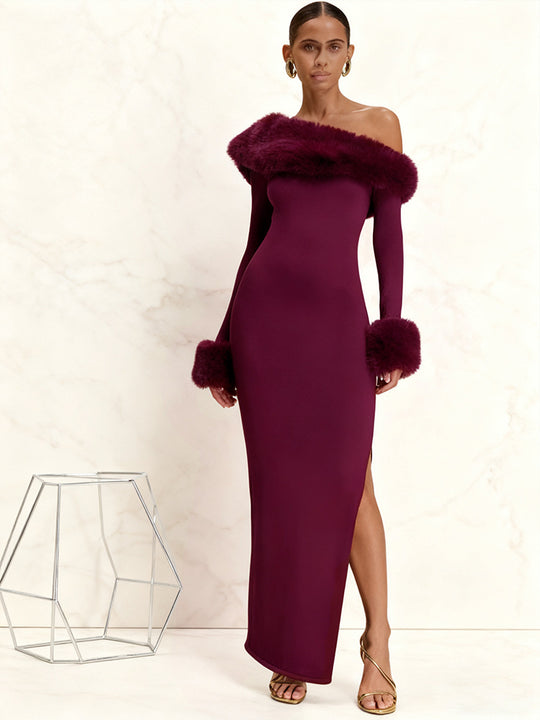 Damen Langarm-Maxikleid mit schulterfreier Optik und eleganten Fellakzenten EB