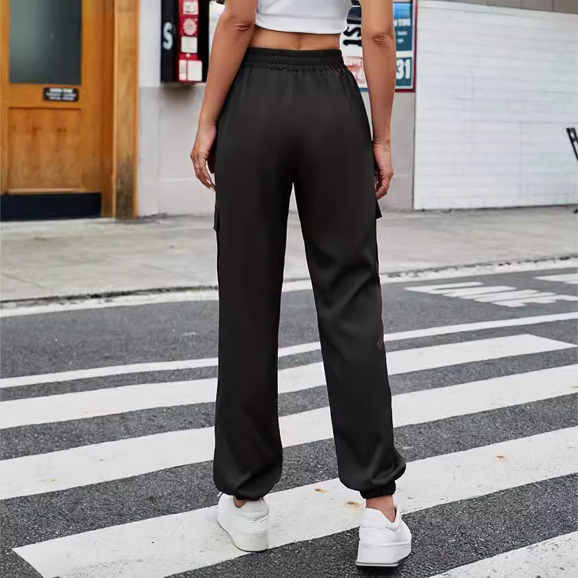 Damen Bequeme Cargo-Hose mit elastischem Bund und seitlichen Taschen EB