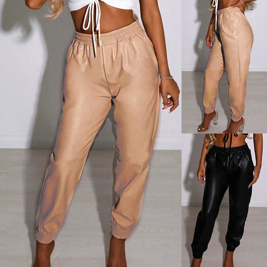 Damen Bequeme Kunstleder Jogginghose EB