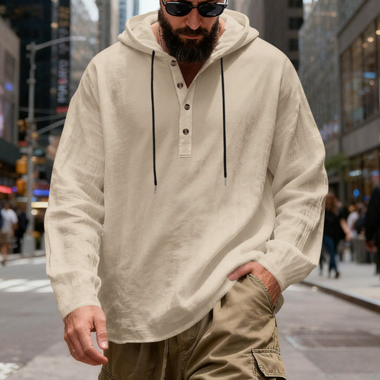 Herren nan Henley-Kapuzenpullover mit Knopfleiste und verstellbarem Kordelzug EB