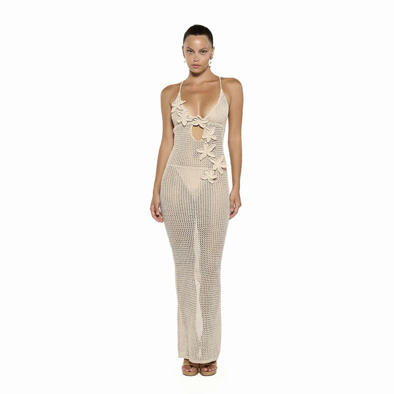Damen Häkel-Strandkleid mit fröhlich floralem Design und tiefem Ausschnitt EB