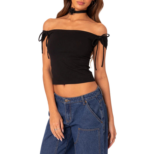 Damen raffiniertes Off-Shoulder T-Shirt mit eleganten Bindebändern EB