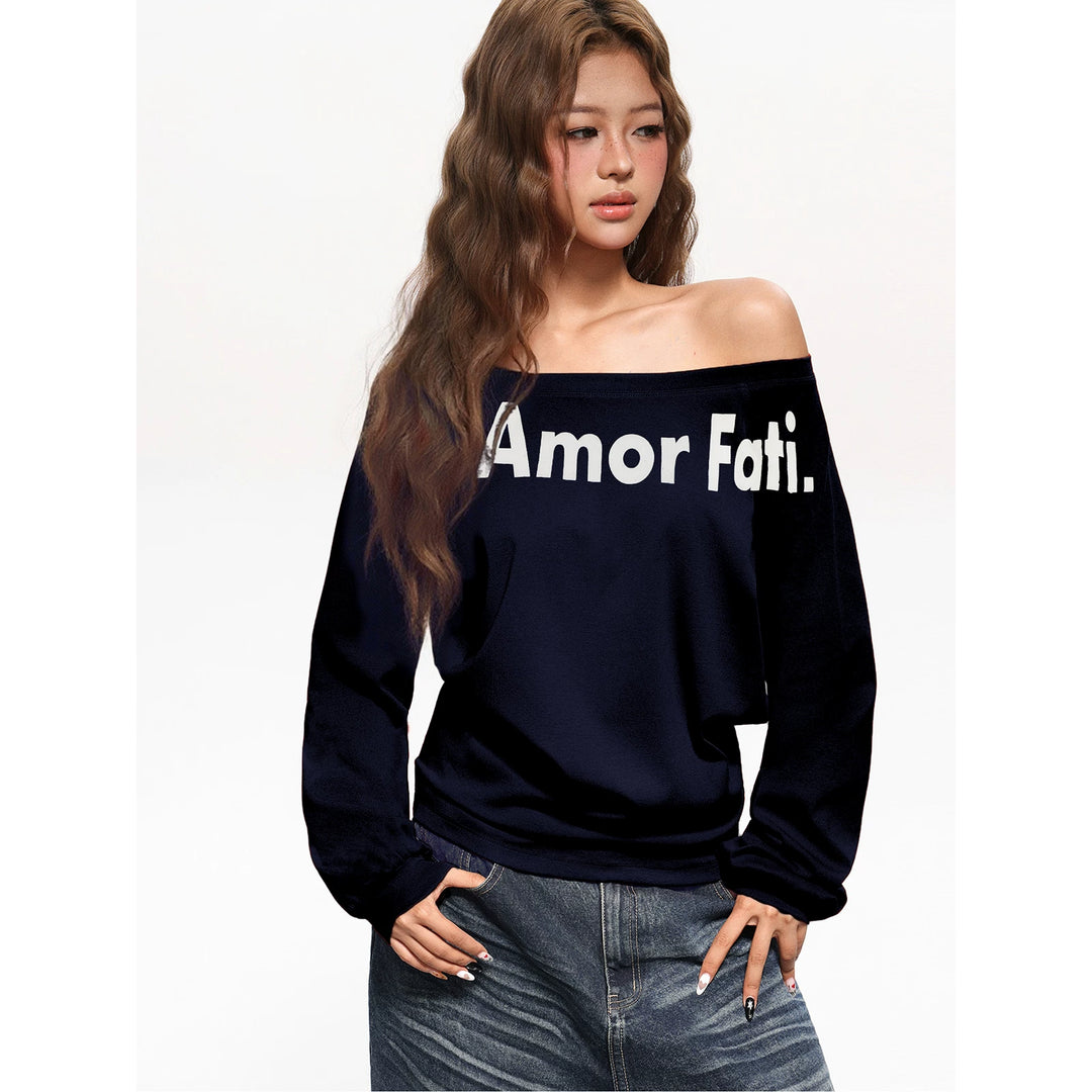 Damen nan lässiger Sweatpullover mit asymmetrischem Ausschnitt und typografischem Frontdruck EB