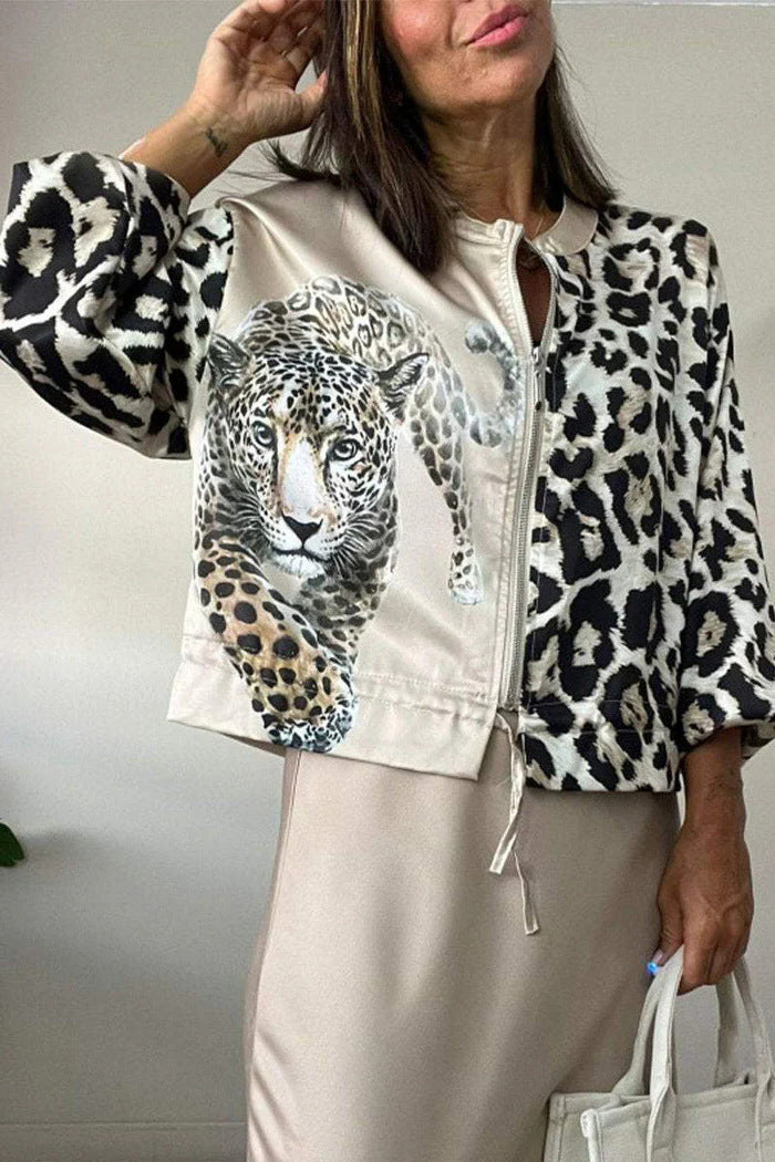 Damen entspannte Bomberjacke mit extravagantem Leoparden-Motiv EB