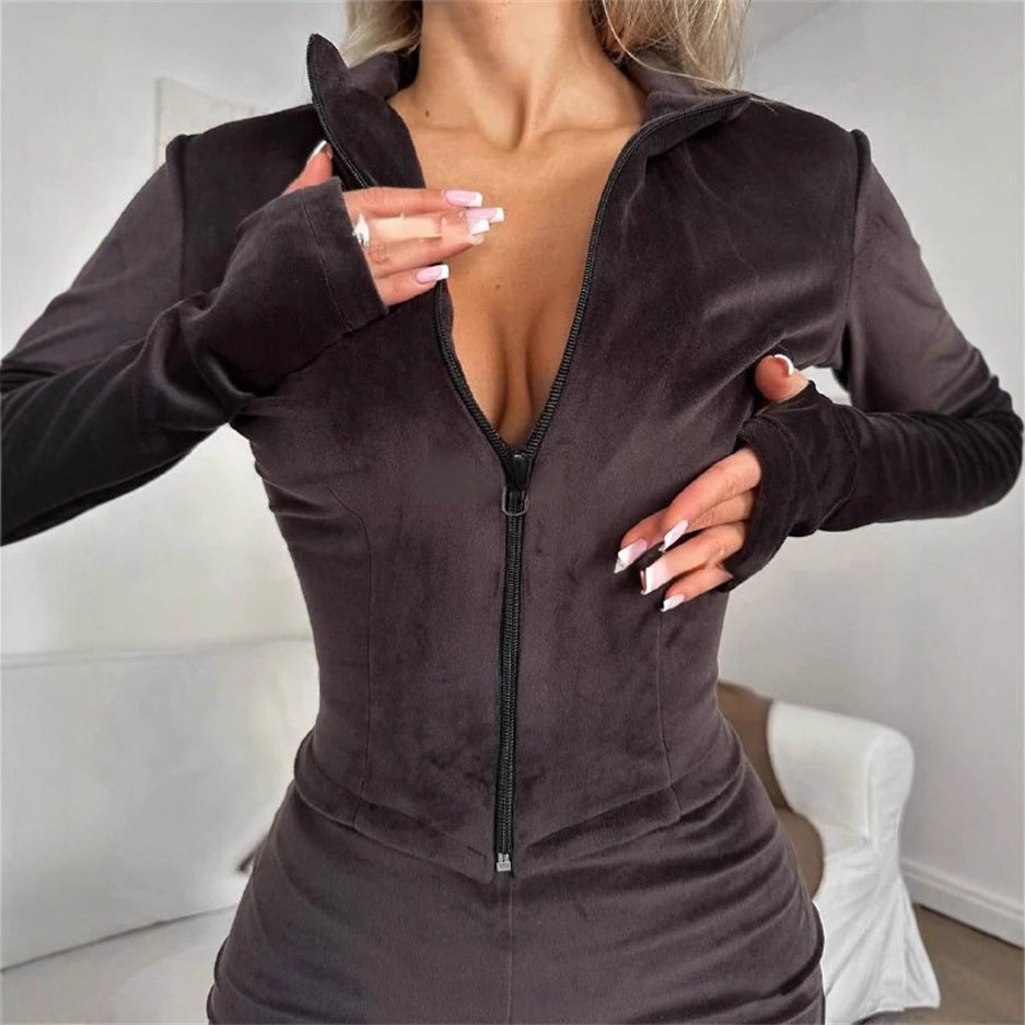 Damen nan taillierter Velours-Overall mit Halbzip, Kapuze und ausgestelltem Schlag EB