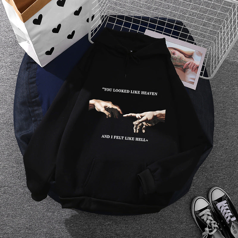 Damen nan Oversize Kapuzenpullover mit Kängurutasche und Renaissance‑Handmotiv, weiches Fleece Innenfutter EB