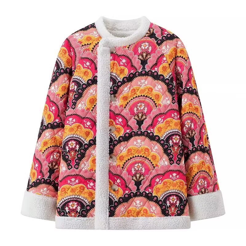 Damen Steppjacke mit floralem Fleece-Innenfutter und elegantem Knopfverschluss EB