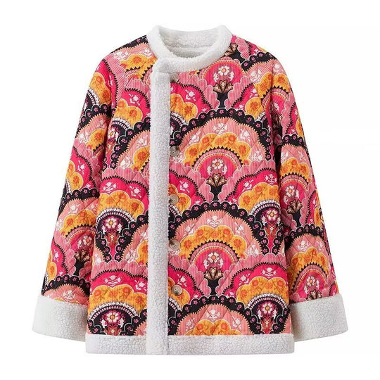 Damen Steppjacke mit floralem Fleece-Innenfutter und elegantem Knopfverschluss EB