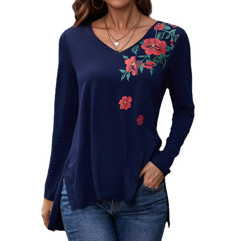 Damen Langarm-T-Shirt mit floralem Print und V-Ausschnitt EB