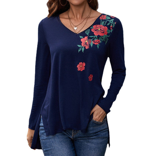 Damen Langarm-T-Shirt mit floralem Print und V-Ausschnitt EB