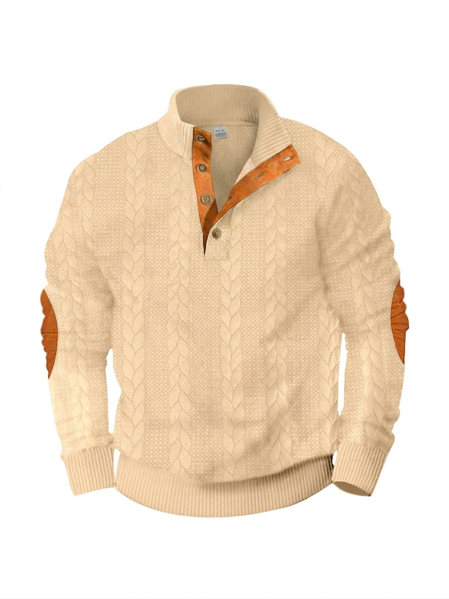 Herren nan lässiger Zopfstrickpullover mit verstärkter Knopfleiste und Wildleder-Ellenbogenpatches EB