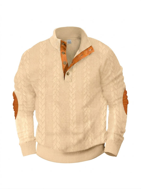 Herren nan lässiger Zopfstrickpullover mit verstärkter Knopfleiste und Wildleder-Ellenbogenpatches EB