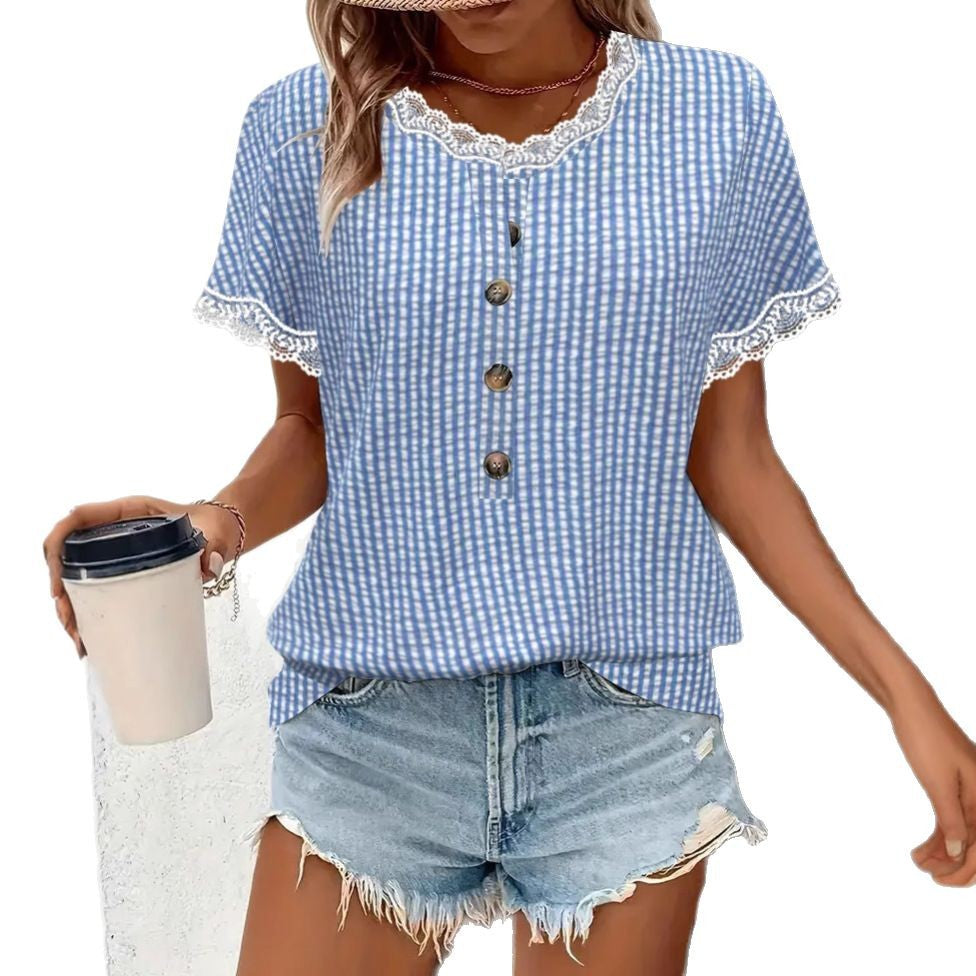 Damen nan kurzärmlige Vichykaro-Bluse mit Spitzenbesatz und dekorativer Knopfleiste EB