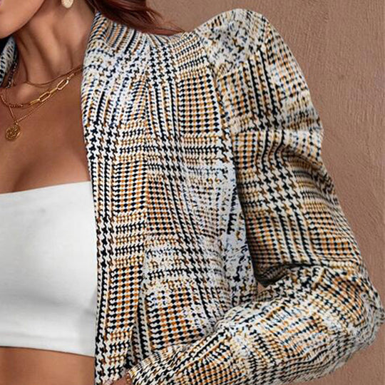 Damen modische Blazerjacke mit Puffärmeln und Karomuster EB