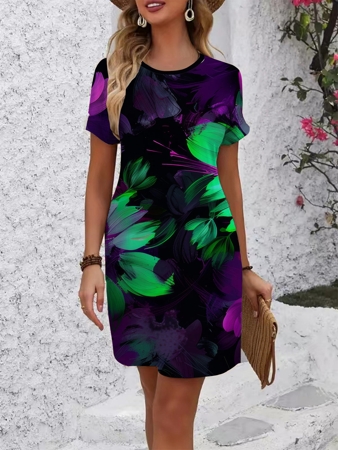 Damen komfortables Freizeitkleid mit lebhaftem Blumenmuster und lockerer Passform EB