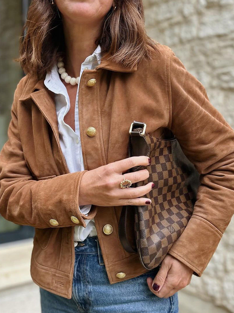 Damen Kunstlederjacke mit goldenen Knöpfen und modernem Schnitt EB