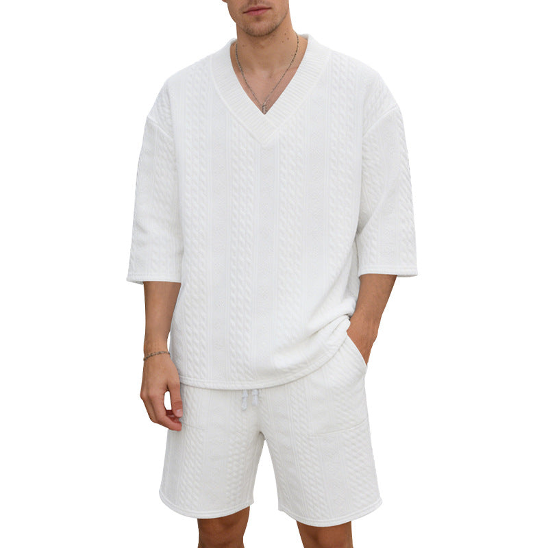 Unisex nan lässiges Lounge-Set mit V-Ausschnitt-Oberteil und Kordelbund-Shorts EB