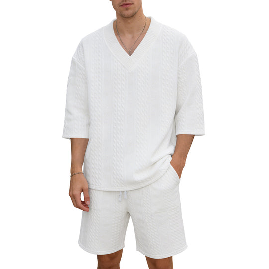 Unisex nan lässiges Lounge-Set mit V-Ausschnitt-Oberteil und Kordelbund-Shorts EB