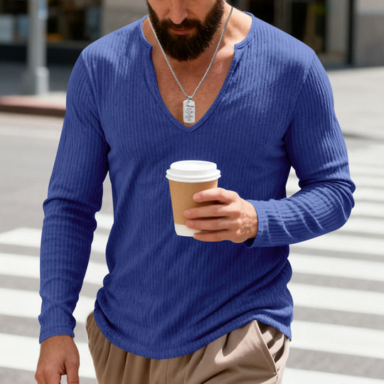 Herren nan geripptes V-Ausschnitt Langarmshirt aus leichter Baumwollmischung EB